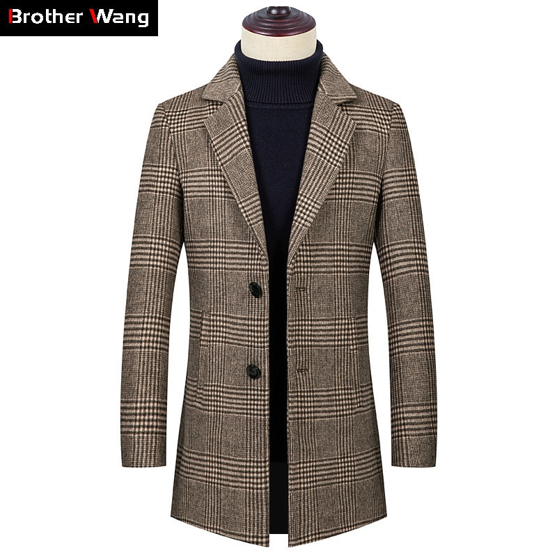 2019 Winter New Men's Houndstooth Wool Coat Fashion Casual Thicken Slim Fit Long Overcoat and Jacket Male Brand Coffee Plaid