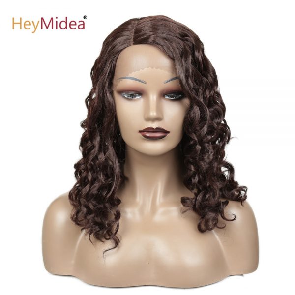 Curly Synthetic Lace Front Wig Brown Medium Long Kinky Curly Wigs For Black Women Lace Wig High Temperature Fiber HeyMidea