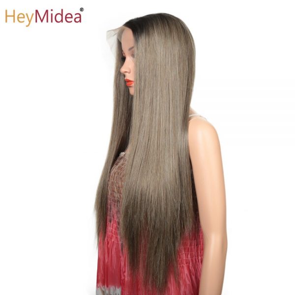 Straight lace front Synthetic hair wigs For Women 13X6 Lace Part Wig With Natural Hairline Ombre Lace Frontal Wig 30" HeyMidea