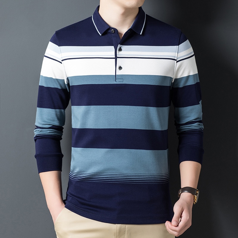 Autumn and Winter Fashion Casual Men's T-shirt Business Social Lapel  Long-sleeved Three-color Stitching Polo Shirt.