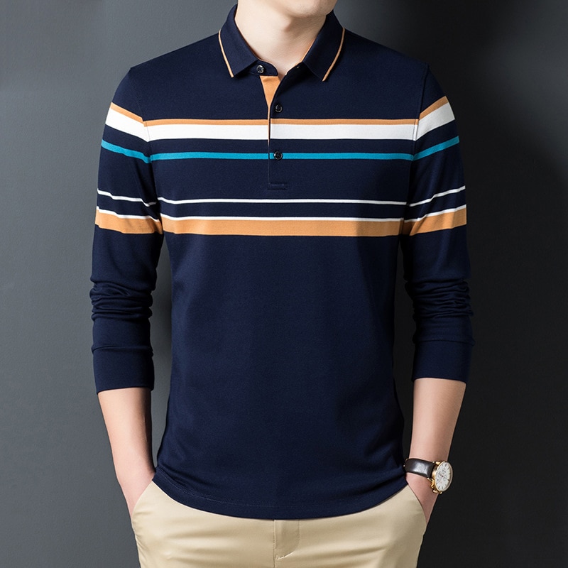 2020 Autumn New Stripe Splicing Men Business Long Sleeve Polo Shirt Classic Style Fashion Casual High Quality Brand Polo Shirts