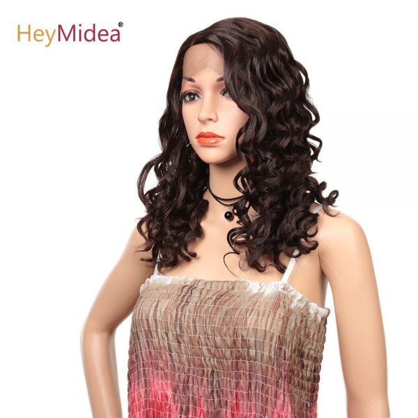 Curly Synthetic Lace Front Wig Brown Medium Long Kinky Curly Wigs For Black Women Lace Wig High Temperature Fiber HeyMidea