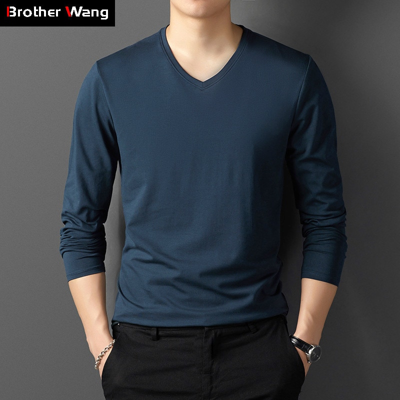 9-color V-neck Long-sleeved T-shirt Men 2019 Spring Autumn Fashion Casual Thin Soft Pure Cotton Tee Shirts Male Brand Clothes