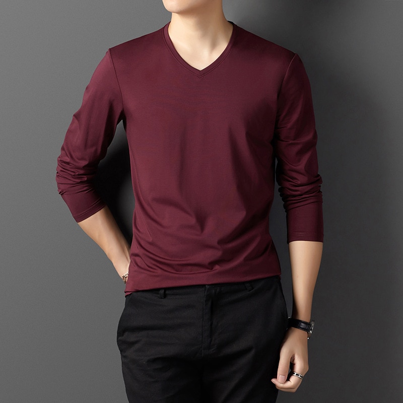 9-color V-neck Long-sleeved T-shirt Men 2019 Spring Autumn Fashion Casual Thin Soft Pure Cotton Tee Shirts Male Brand Clothes