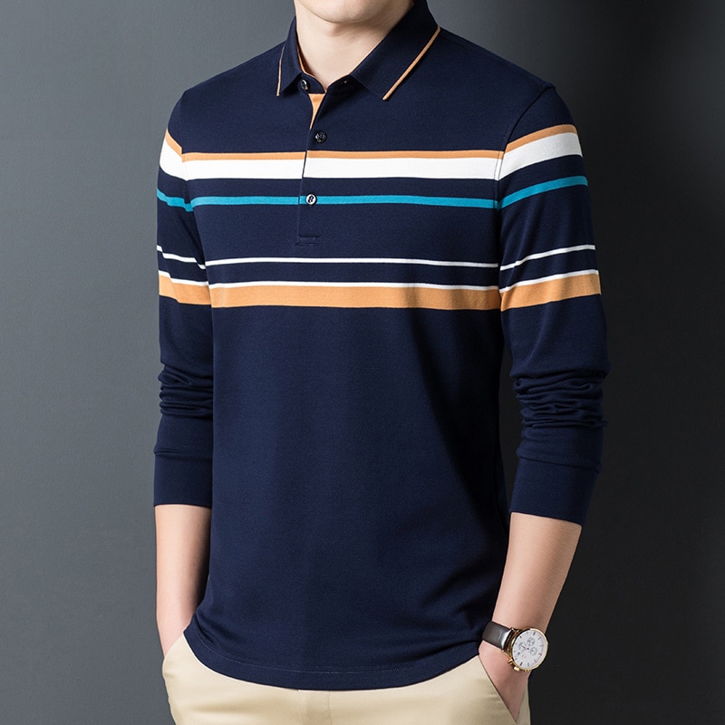 2020 Autumn New Stripe Splicing Men Business Long Sleeve Polo Shirt Classic Style Fashion Casual High Quality Brand Polo Shirts