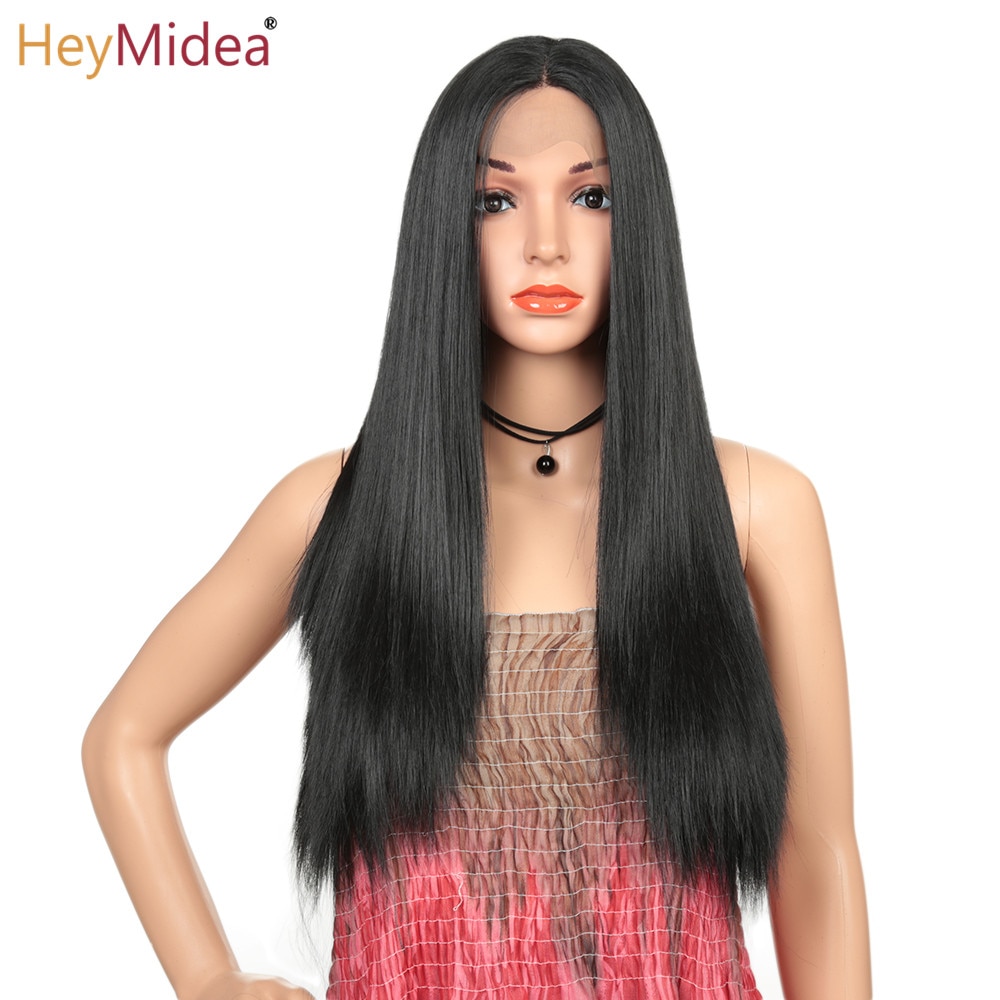 Black Lace Front Wig Long Straight Black Wig For Women Heat Resistant Synthetic Hair Middle Parting Natural Looking HeyMidea