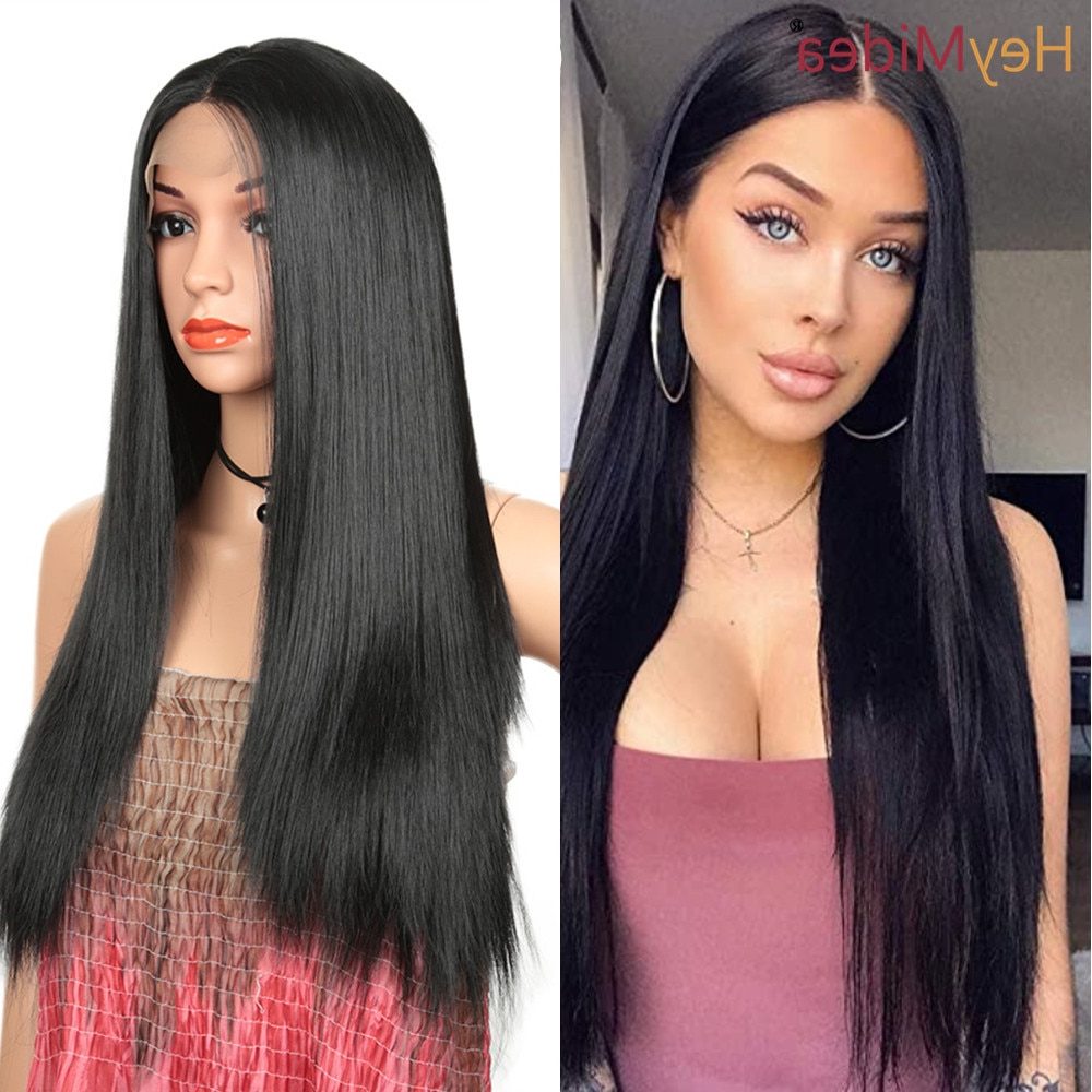 Black Lace Front Wig Long Straight Black Wig For Women Heat Resistant Synthetic Hair Middle Parting Natural Looking HeyMidea